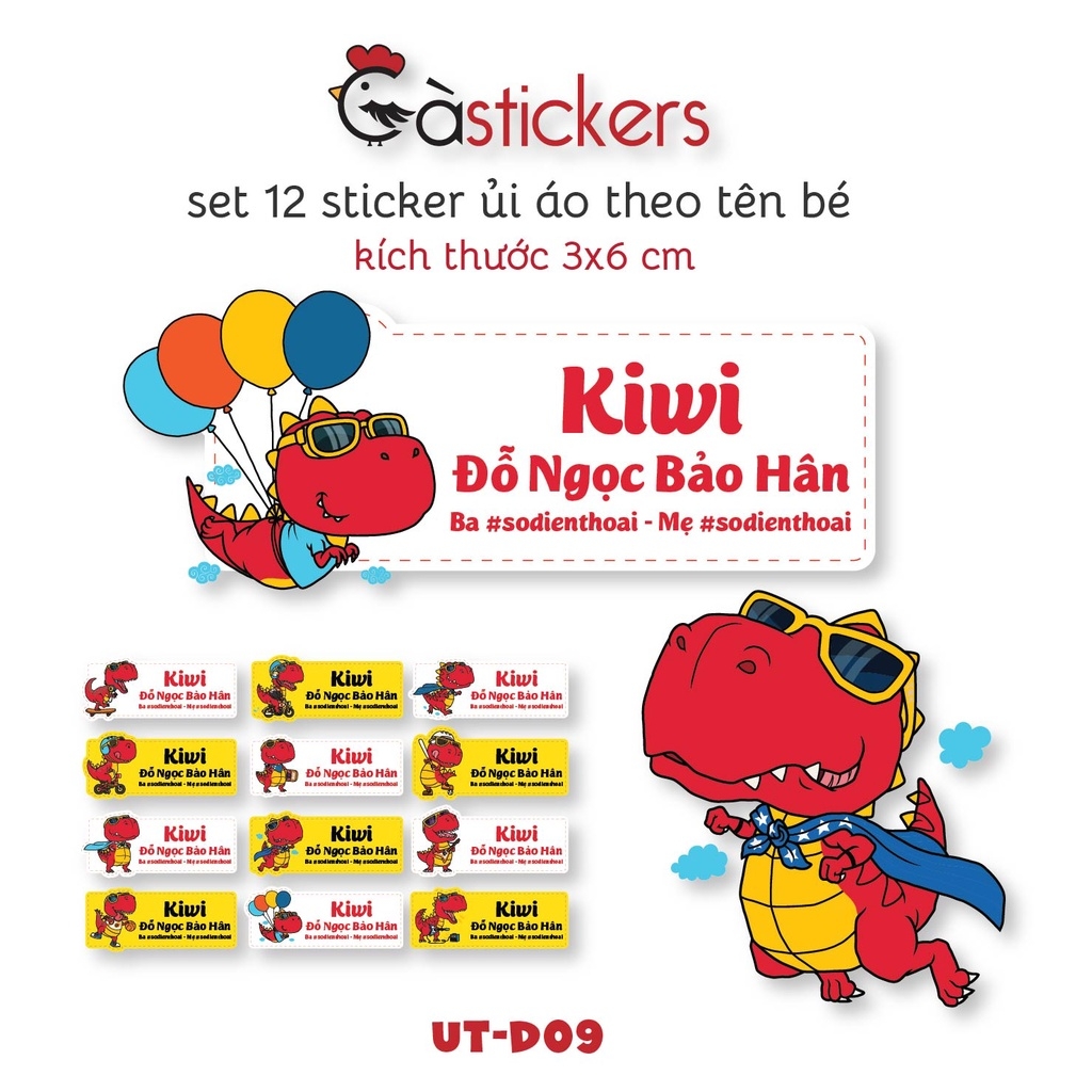 Sticker ủi áo in tên trẻ em GaStickers UT-D09- bộ 12 miếng kích thước 3 x 6 cm