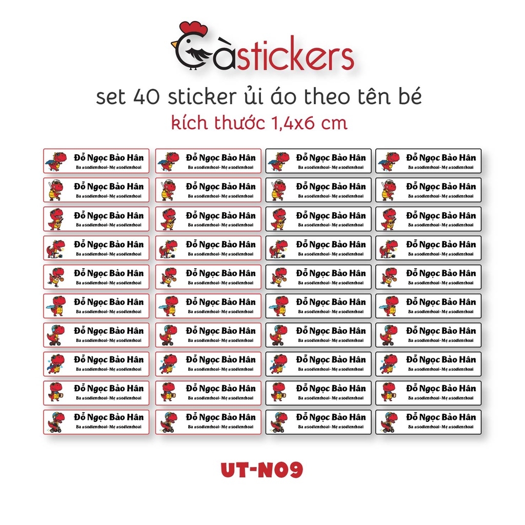 Sticker ủi áo in tên trẻ em GaStickers UT-N09- bộ 40 miếng kích thước 1,4 x 6 cm
