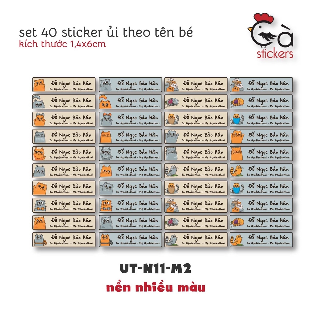 Sticker ủi áo in tên trẻ em GaStickers UT-N11- bộ 40 miếng kích thước 1,4 x 6 cm