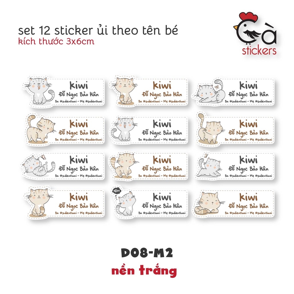Sticker ủi áo in tên trẻ em GaStickers UT-D08- bộ 12 miếng kích thước 3 x 6 cm
