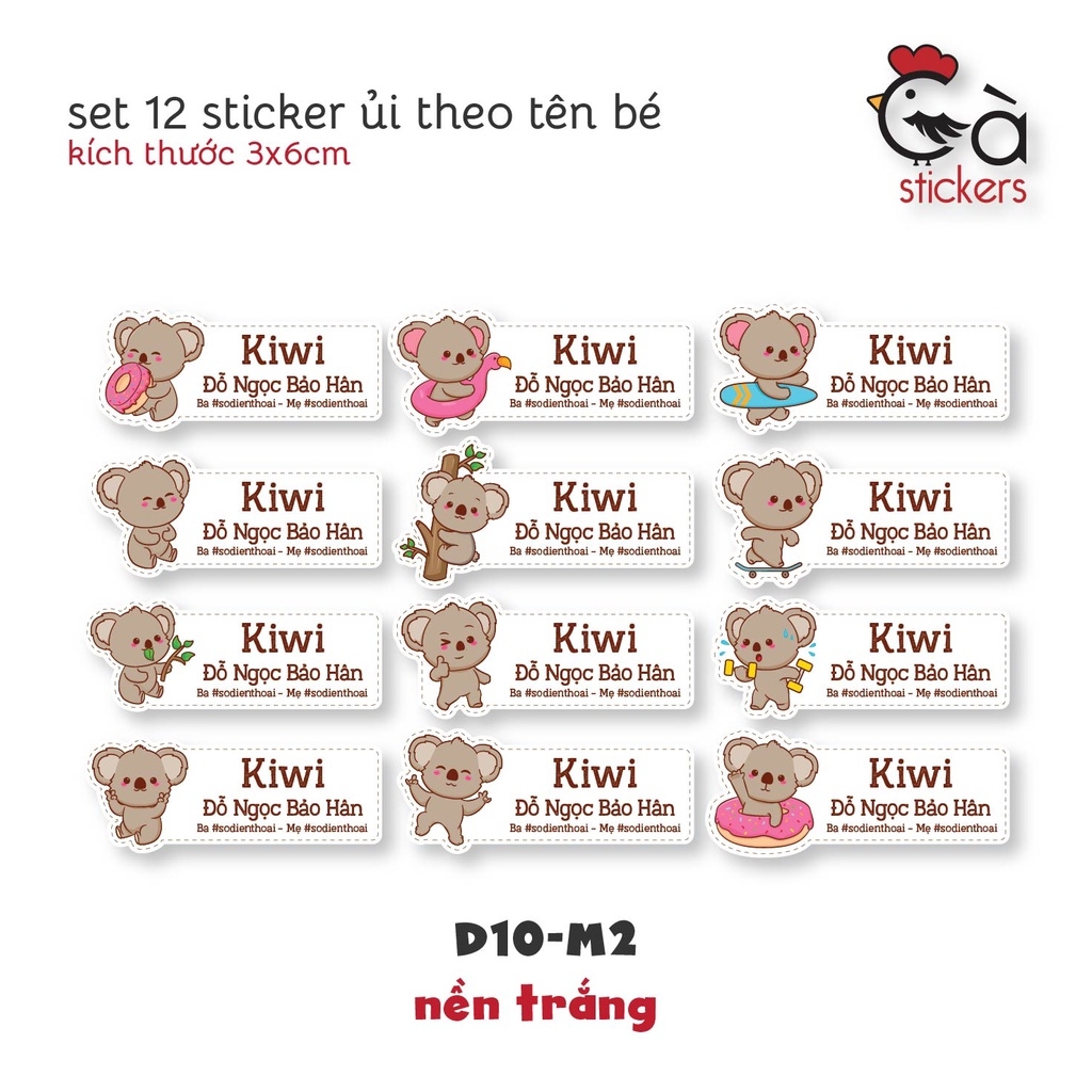 Sticker ủi áo in tên trẻ em GaStickers UT-D10- bộ 12 miếng kích thước 3 x 6 cm