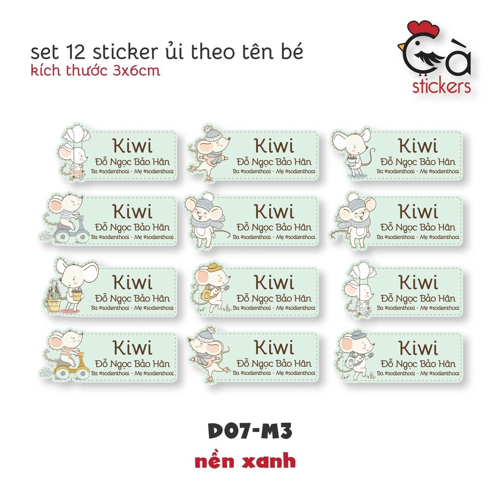 Sticker ủi áo in tên trẻ em GaStickers UT-D07- bộ 12 miếng kích thước 3 x 6 cm
