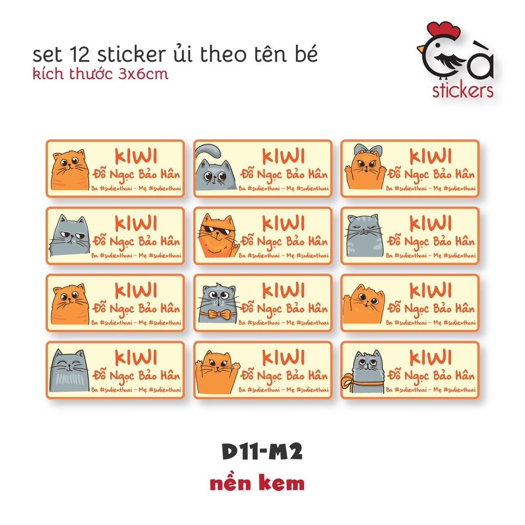 Sticker ủi áo in tên trẻ em GaStickers UT-D11- bộ 12 miếng kích thước 3 x 6 cm