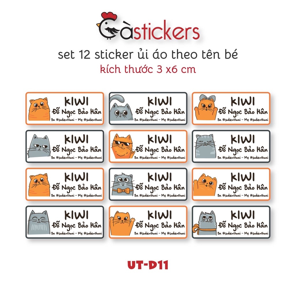 Sticker ủi áo in tên trẻ em GaStickers UT-D11- bộ 12 miếng kích thước 3 x 6 cm