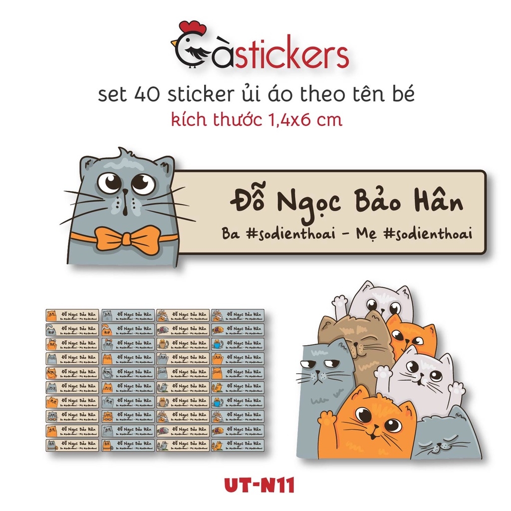 Sticker ủi áo in tên trẻ em GaStickers UT-N11- bộ 40 miếng kích thước 1,4 x 6 cm
