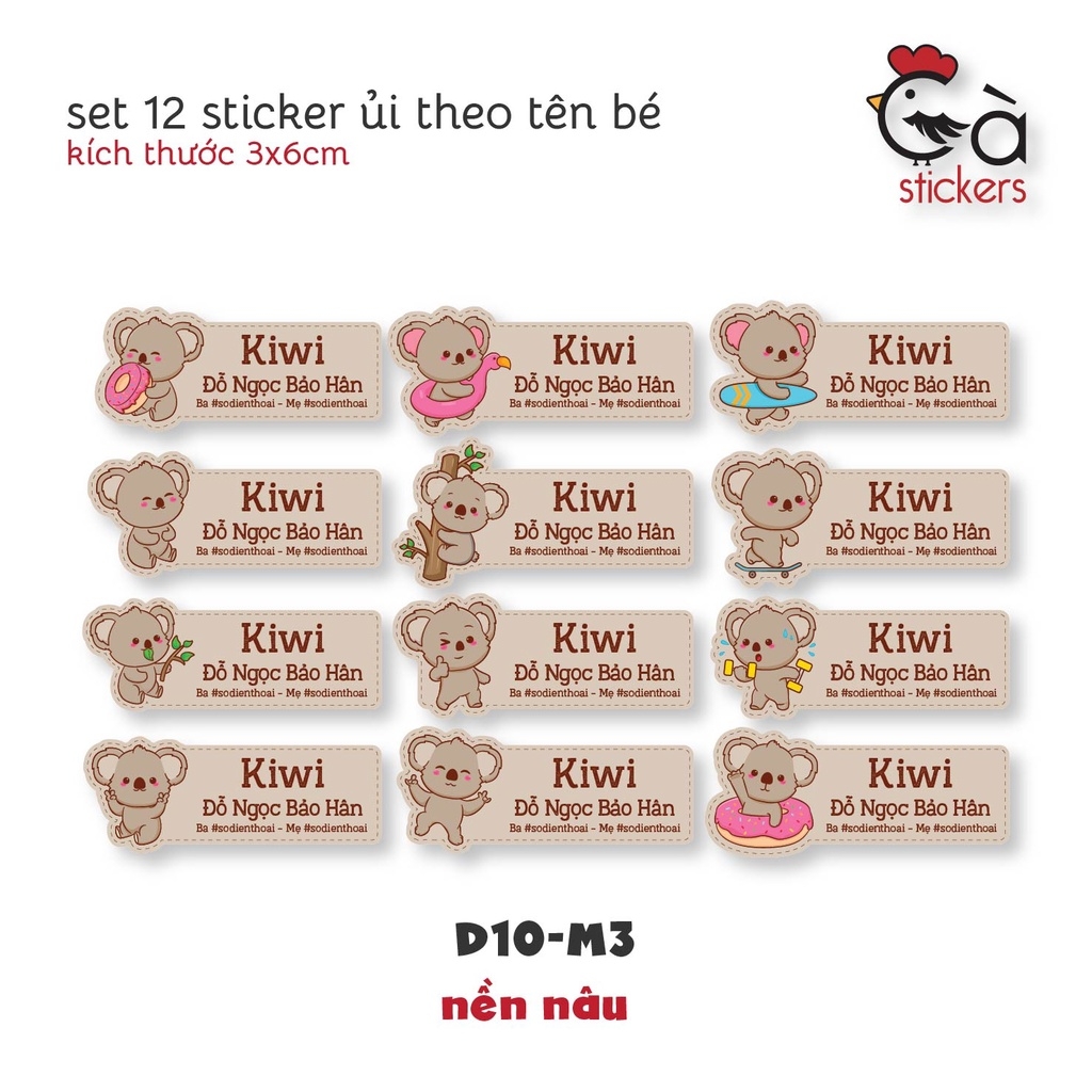 Sticker ủi áo in tên trẻ em GaStickers UT-D10- bộ 12 miếng kích thước 3 x 6 cm
