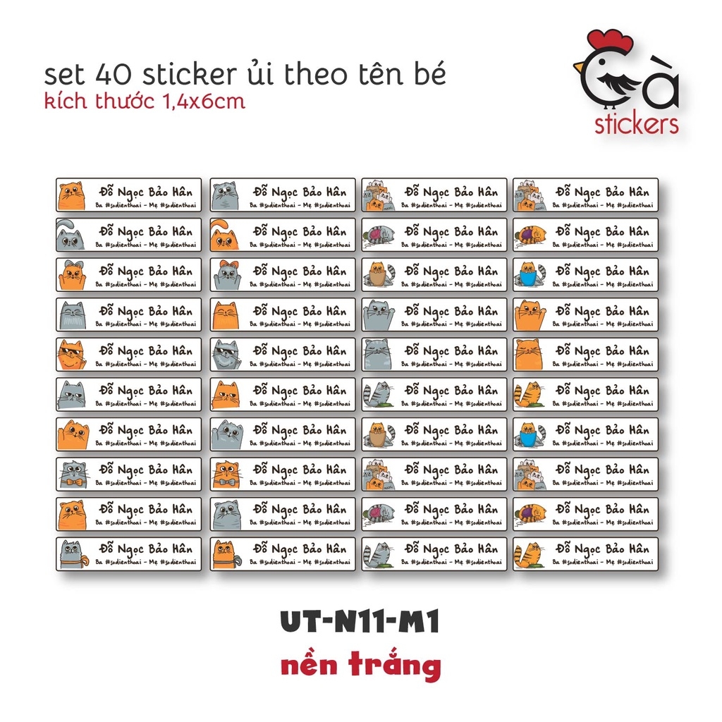 Sticker ủi áo in tên trẻ em GaStickers UT-N11- bộ 40 miếng kích thước 1,4 x 6 cm
