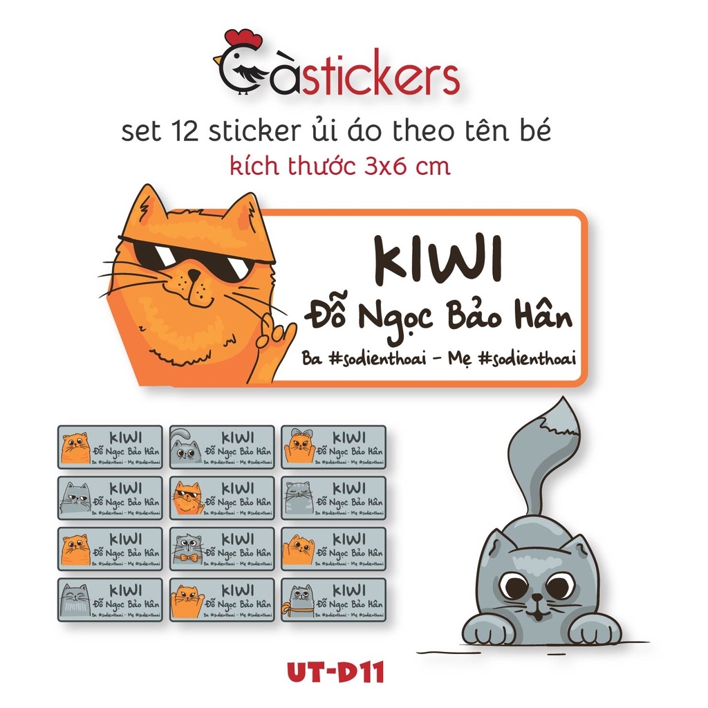 Sticker ủi áo in tên trẻ em GaStickers UT-D11- bộ 12 miếng kích thước 3 x 6 cm