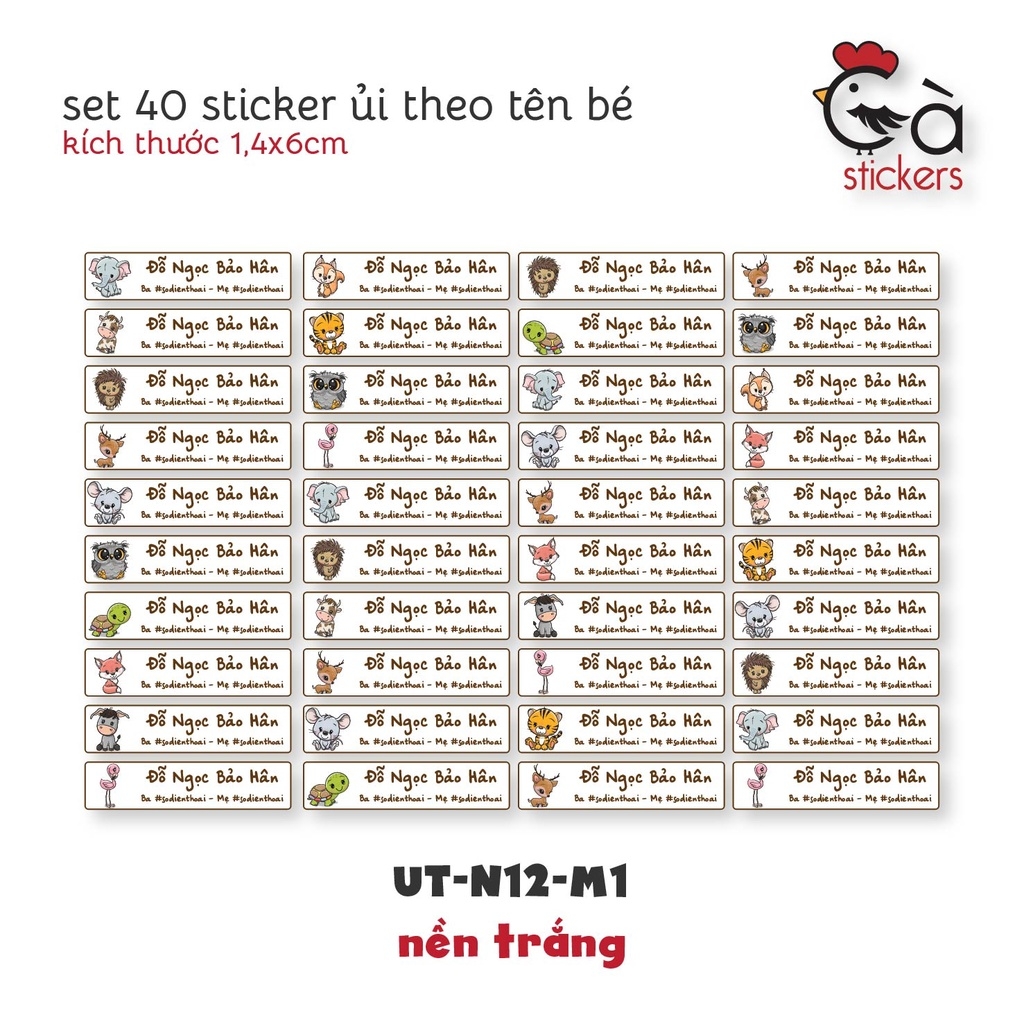Sticker ủi áo in tên trẻ em GaStickers UT-N12- bộ 40 miếng kích thước 1,4 x 6 cm