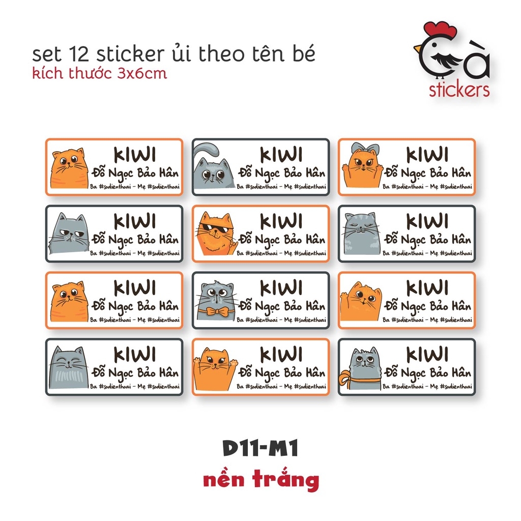 Sticker ủi áo in tên trẻ em GaStickers UT-D11- bộ 12 miếng kích thước 3 x 6 cm