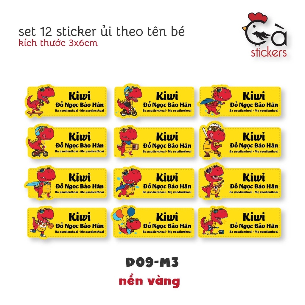 Sticker ủi áo in tên trẻ em GaStickers UT-D09- bộ 12 miếng kích thước 3 x 6 cm