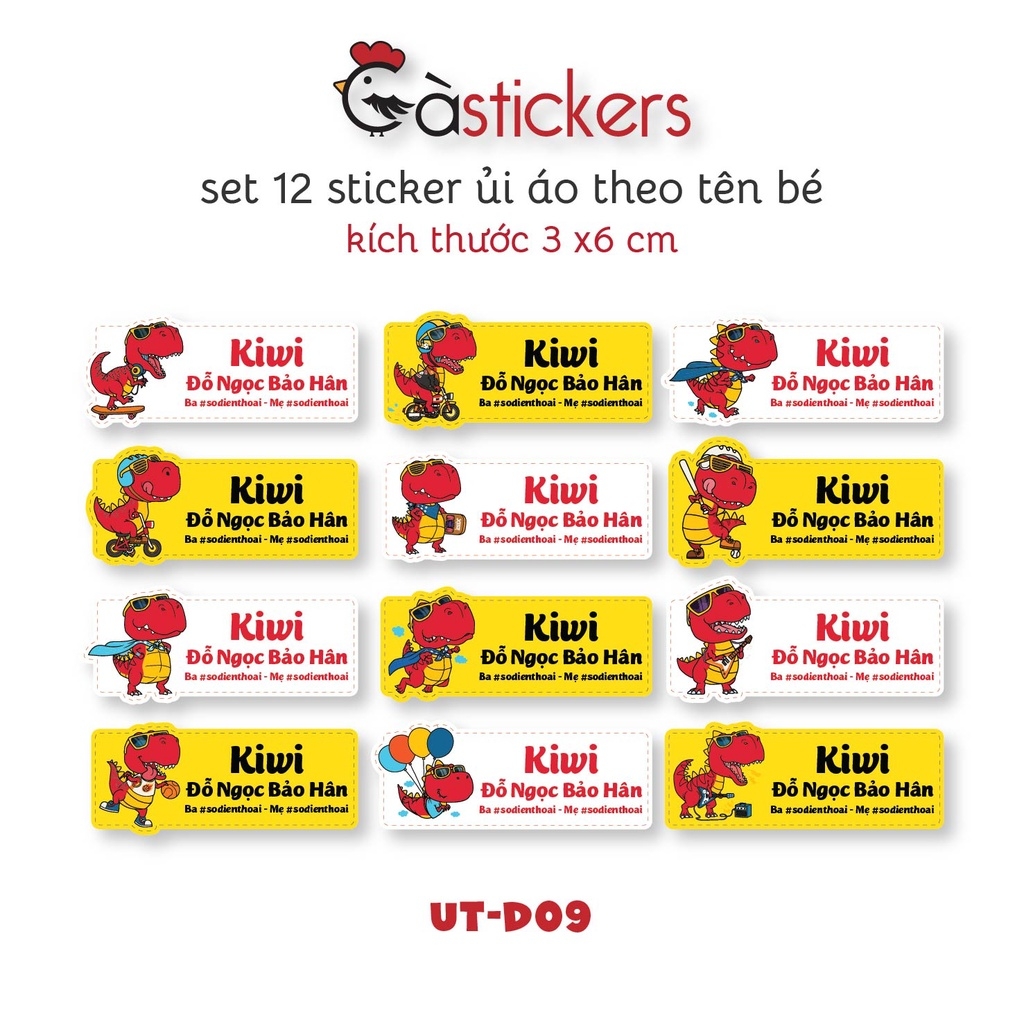 Sticker ủi áo in tên trẻ em GaStickers UT-D09- bộ 12 miếng kích thước 3 x 6 cm