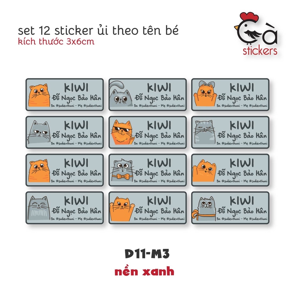 Sticker ủi áo in tên trẻ em GaStickers UT-D11- bộ 12 miếng kích thước 3 x 6 cm