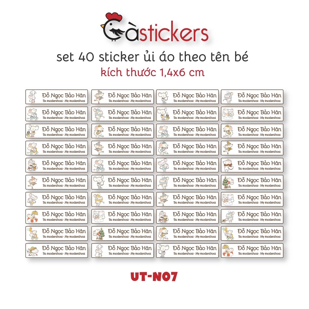 Sticker ủi áo in tên trẻ em GaStickers UT-N07- bộ 40 miếng kích thước 1,4 x 6 cm