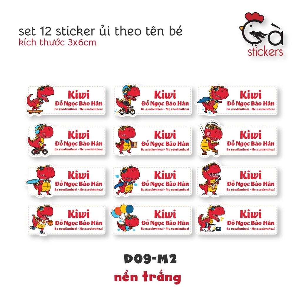 Sticker ủi áo in tên trẻ em GaStickers UT-D09- bộ 12 miếng kích thước 3 x 6 cm