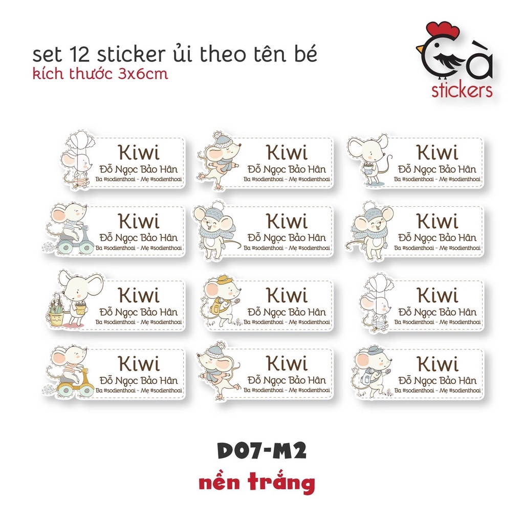 Sticker ủi áo in tên trẻ em GaStickers UT-D07- bộ 12 miếng kích thước 3 x 6 cm
