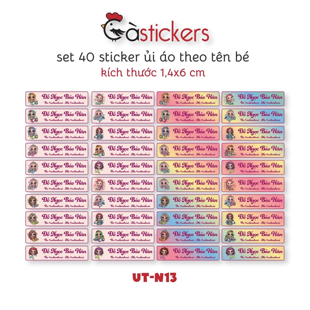 Sticker ủi áo in tên trẻ em GaStickers UT-N13- bộ 40 miếng kích thước 1,4 x 6 cm