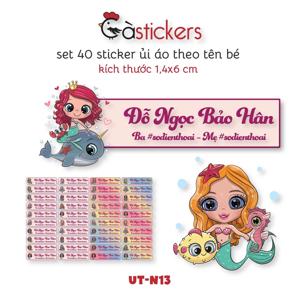Sticker ủi áo in tên trẻ em GaStickers UT-N13- bộ 40 miếng kích thước 1,4 x 6 cm