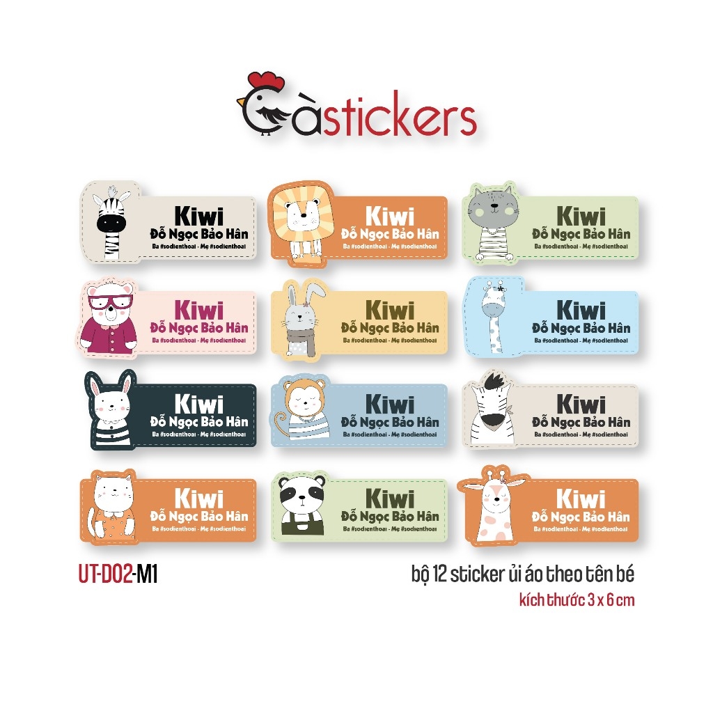 Sticker ủi áo in tên trẻ em GaStickers UT-D02 bộ 12 miếng kích thước 3 x 6 cm