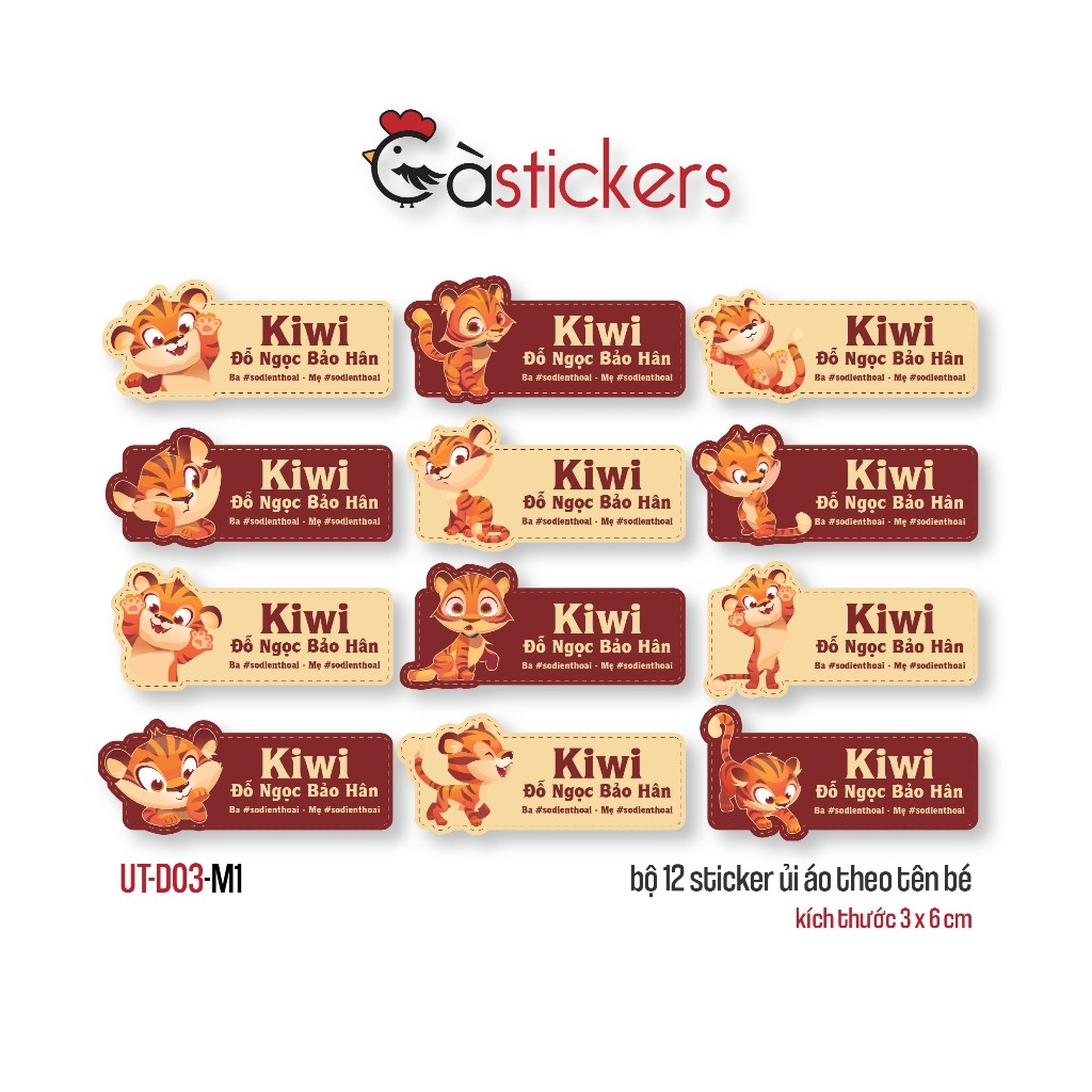 Sticker ủi áo in tên trẻ em GaStickers UT-D03- bộ 12 miếng kích thước 3 x 6 cm
