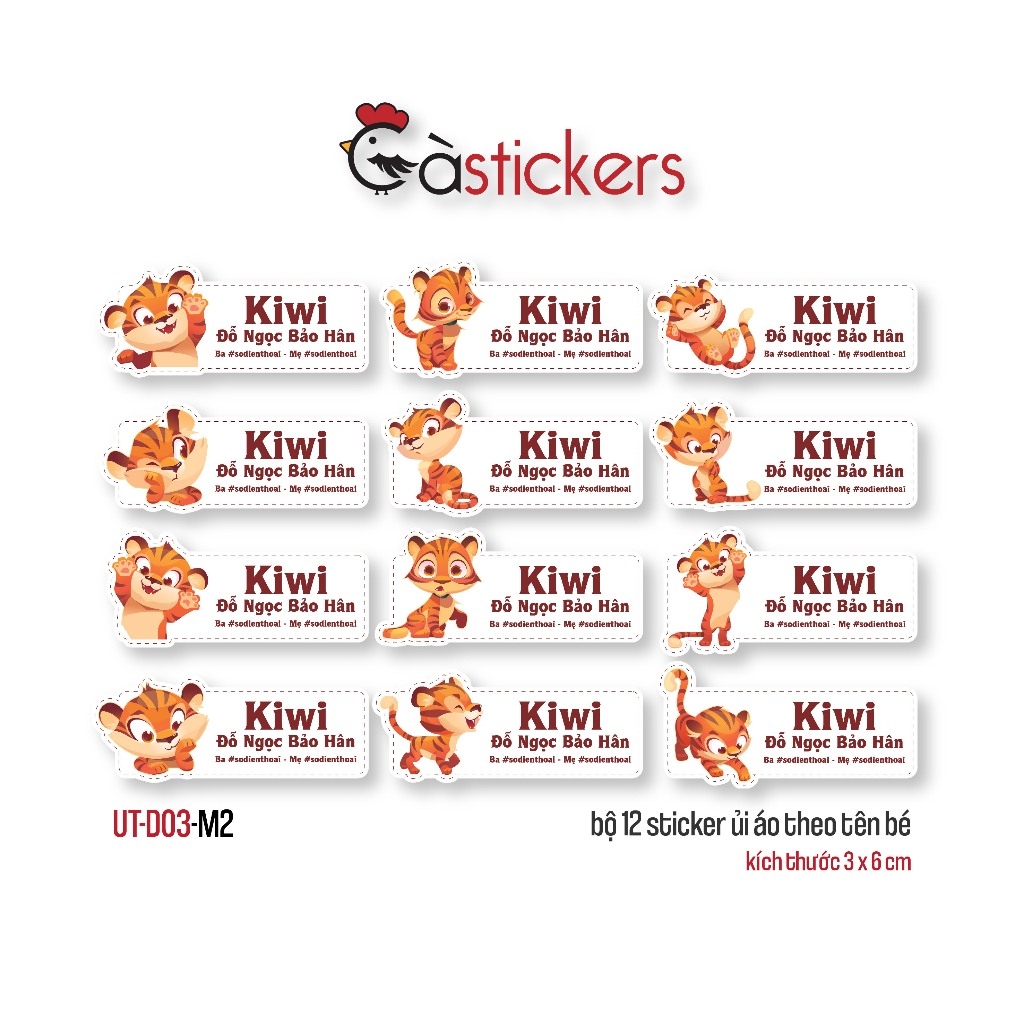 Sticker ủi áo in tên trẻ em GaStickers UT-D03- bộ 12 miếng kích thước 3 x 6 cm