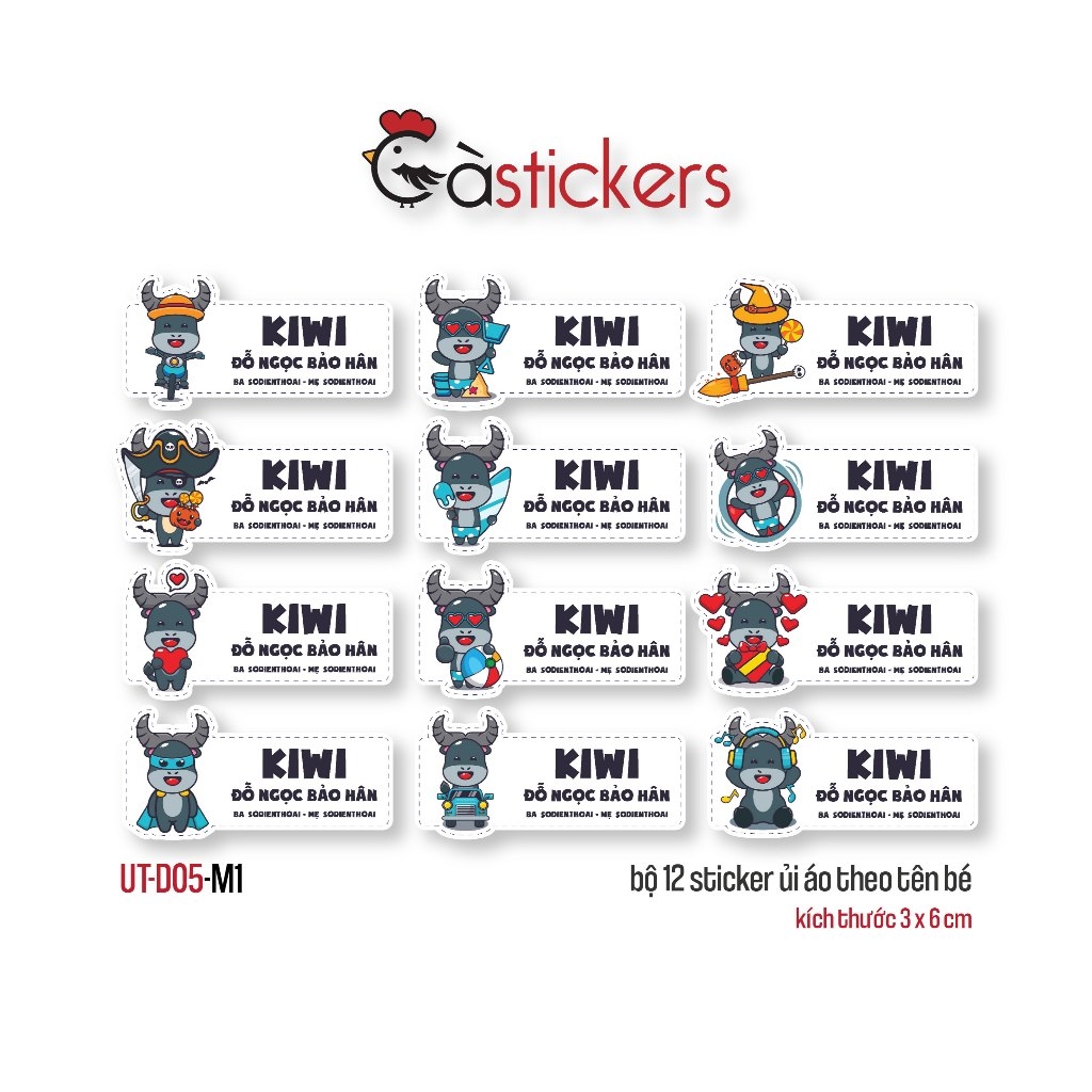Sticker ủi áo in tên trẻ em GaStickers UT-D05- bộ 12 miếng kích thước 3 x 6 cm