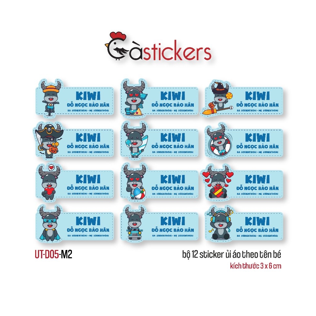 Sticker ủi áo in tên trẻ em GaStickers UT-D05- bộ 12 miếng kích thước 3 x 6 cm