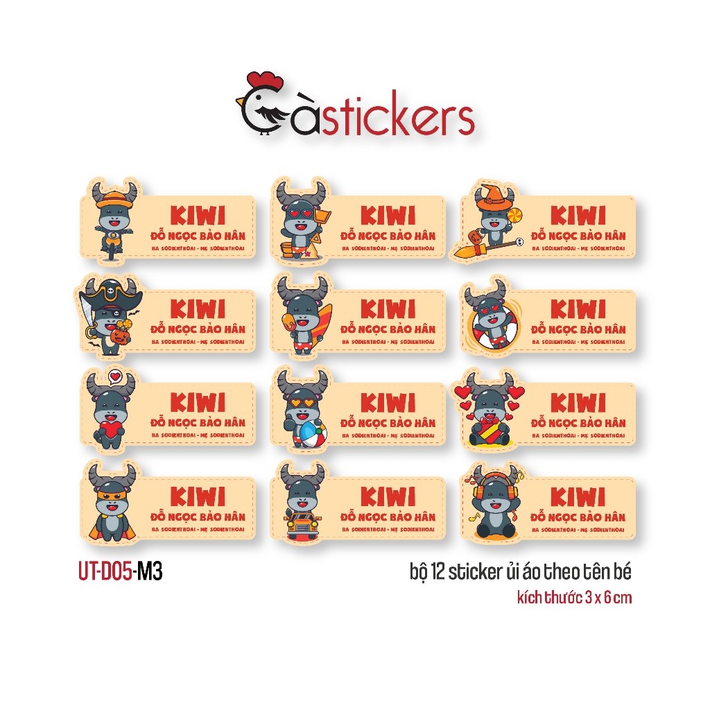 Sticker ủi áo in tên trẻ em GaStickers UT-D05- bộ 12 miếng kích thước 3 x 6 cm