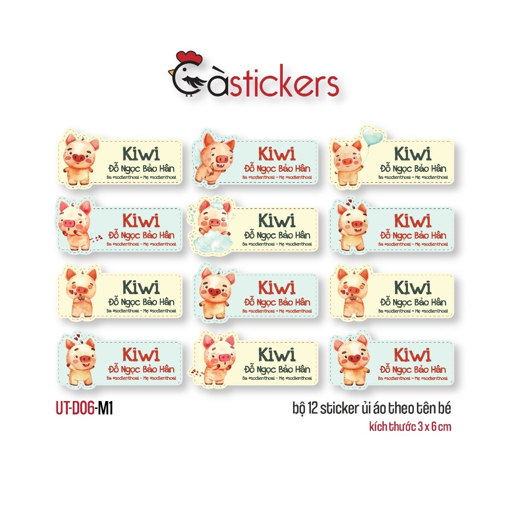 Sticker ủi áo in tên trẻ em GaStickers UT-D06- bộ 12 miếng kích thước 3 x 6 cm