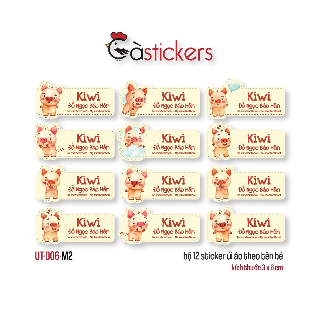 Sticker ủi áo in tên trẻ em GaStickers UT-D06- bộ 12 miếng kích thước 3 x 6 cm