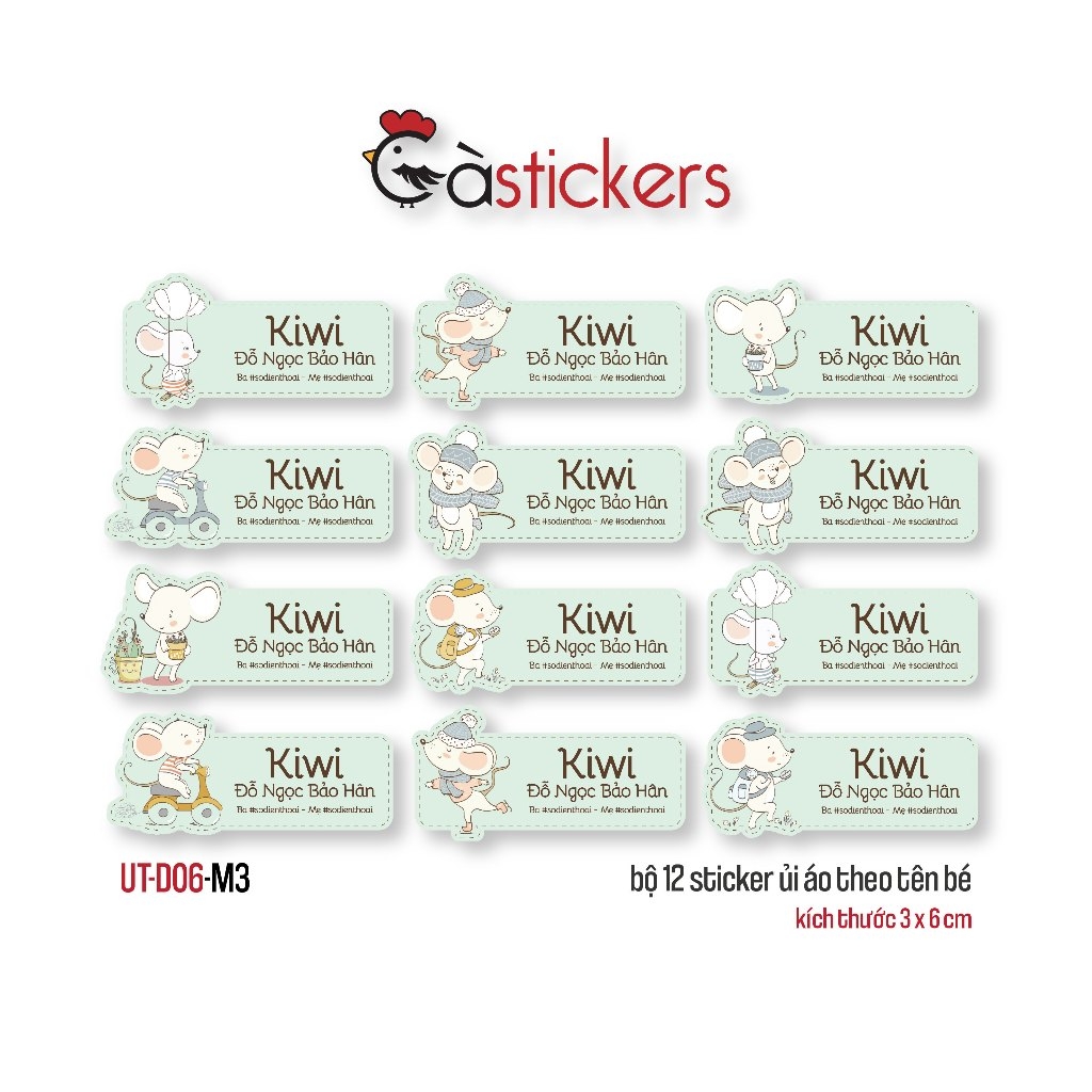 Sticker ủi áo in tên trẻ em GaStickers UT-D07- bộ 12 miếng kích thước 3 x 6 cm
