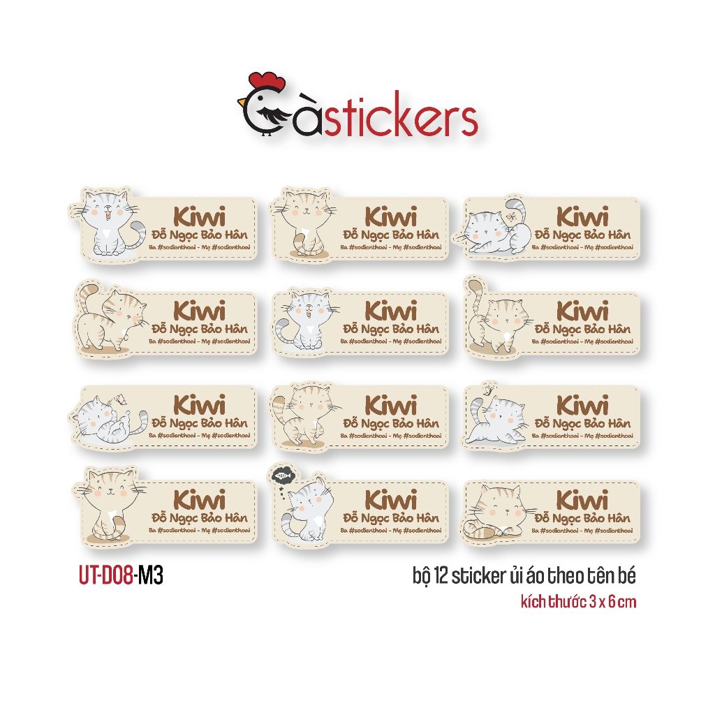 Sticker ủi áo in tên trẻ em GaStickers UT-D08- bộ 12 miếng kích thước 3 x 6 cm