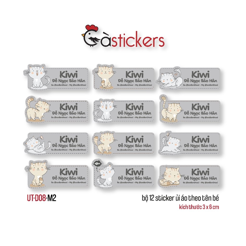 Sticker ủi áo in tên trẻ em GaStickers UT-D08- bộ 12 miếng kích thước 3 x 6 cm