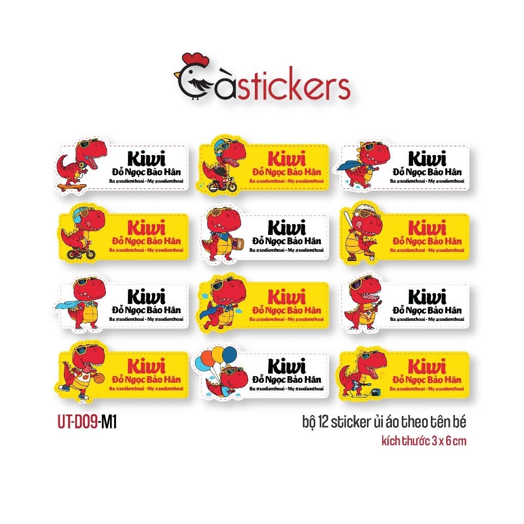 Sticker ủi áo in tên trẻ em GaStickers UT-D09- bộ 12 miếng kích thước 3 x 6 cm