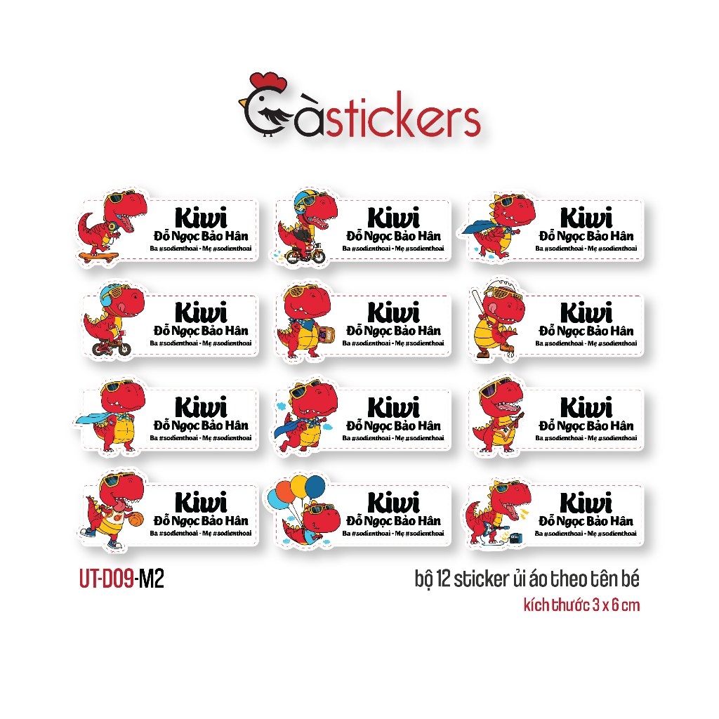 Sticker ủi áo in tên trẻ em GaStickers UT-D09- bộ 12 miếng kích thước 3 x 6 cm