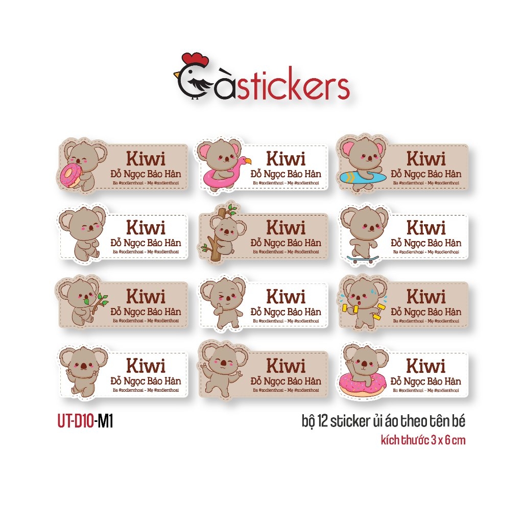 Sticker ủi áo in tên trẻ em GaStickers UT-D10- bộ 12 miếng kích thước 3 x 6 cm
