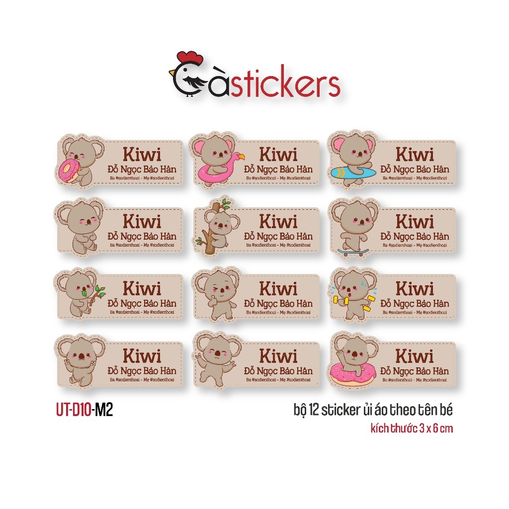 Sticker ủi áo in tên trẻ em GaStickers UT-D10- bộ 12 miếng kích thước 3 x 6 cm