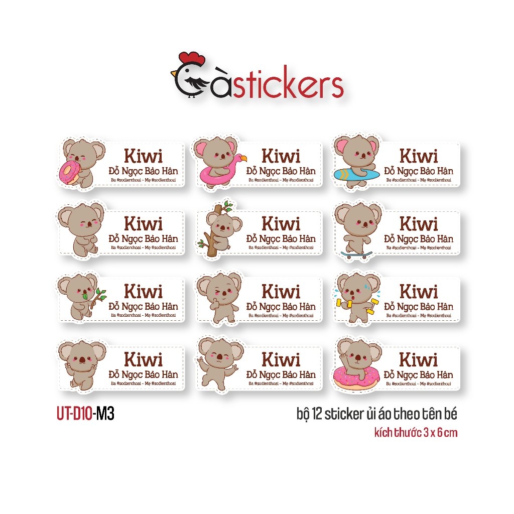 Sticker ủi áo in tên trẻ em GaStickers UT-D10- bộ 12 miếng kích thước 3 x 6 cm