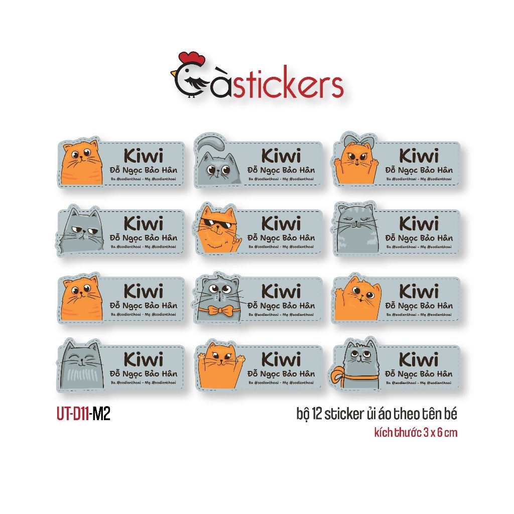 Sticker ủi áo in tên trẻ em GaStickers UT-D11- bộ 12 miếng kích thước 3 x 6 cm