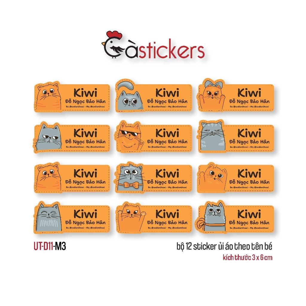 Sticker ủi áo in tên trẻ em GaStickers UT-D11- bộ 12 miếng kích thước 3 x 6 cm