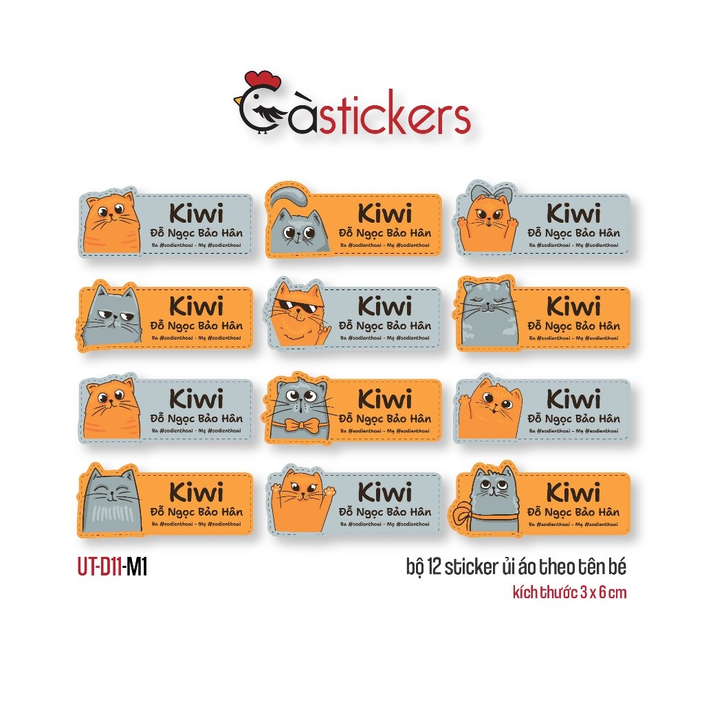 Sticker ủi áo in tên trẻ em GaStickers UT-D11- bộ 12 miếng kích thước 3 x 6 cm