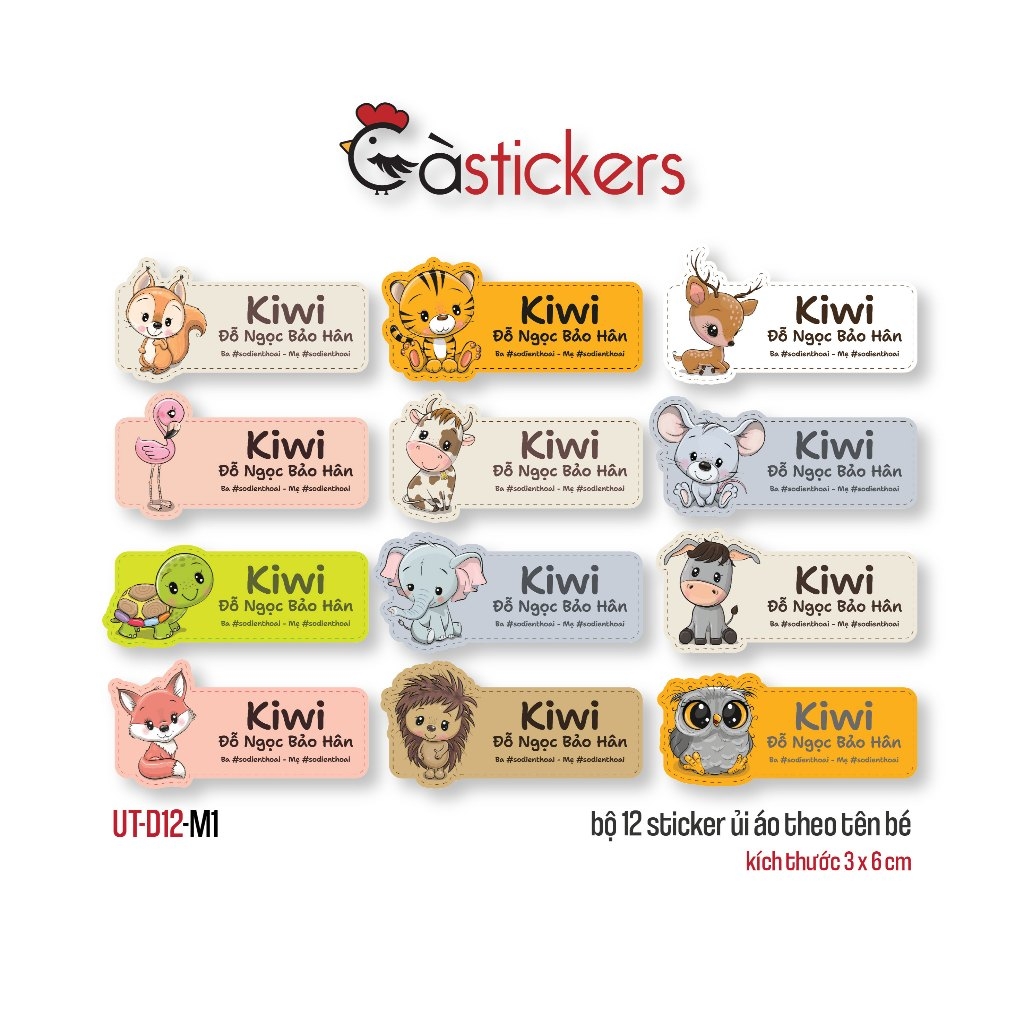 Sticker ủi áo in tên trẻ em GaStickers UT-D12- bộ 12 miếng kích thước 3 x 6 cm