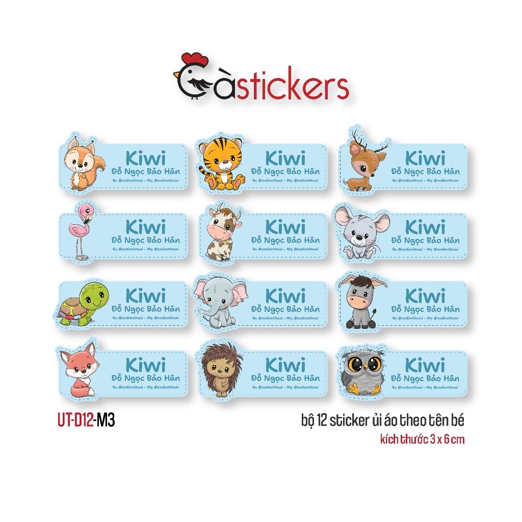 Sticker ủi áo in tên trẻ em GaStickers UT-D12- bộ 12 miếng kích thước 3 x 6 cm