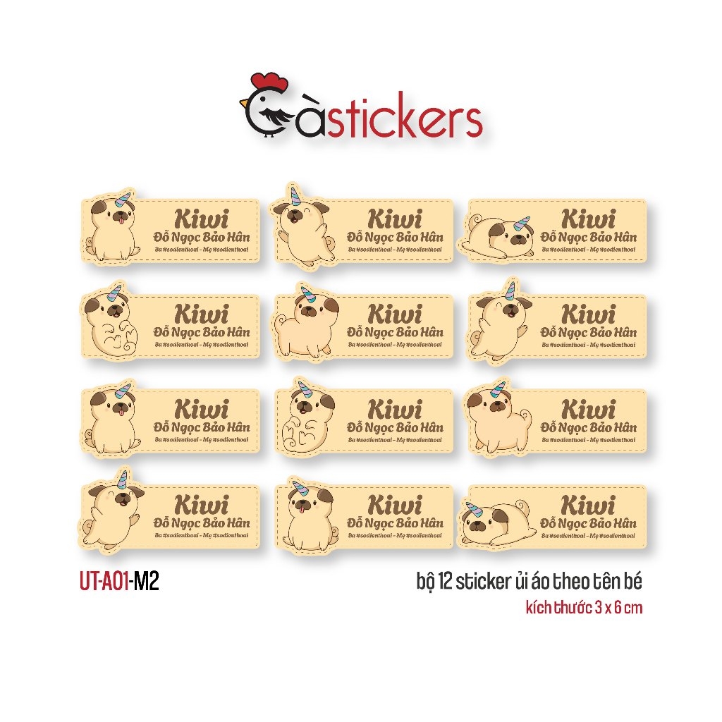 Sticker ủi áo in tên trẻ em GaStickers UT-A01 bộ 12 miếng kích thước 3 x 6 cm