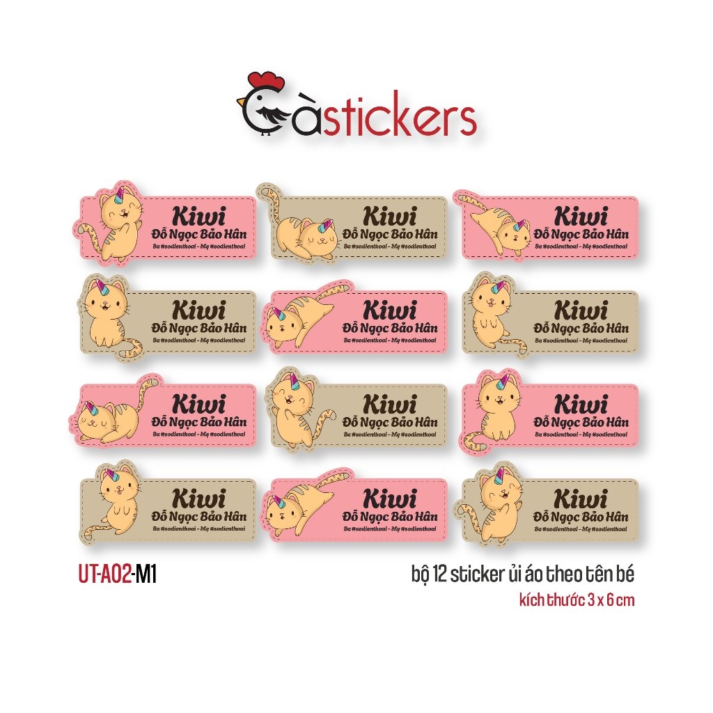 Sticker ủi áo in tên trẻ em GaStickers UT-A02 bộ 12 miếng kích thước 3 x 6 cm