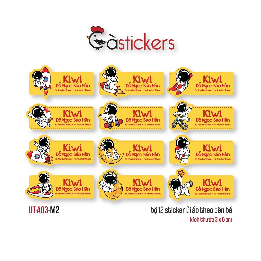 Sticker ủi áo in tên trẻ em GaStickers UT-A03 bộ 12 miếng kích thước 3 x 6 cm