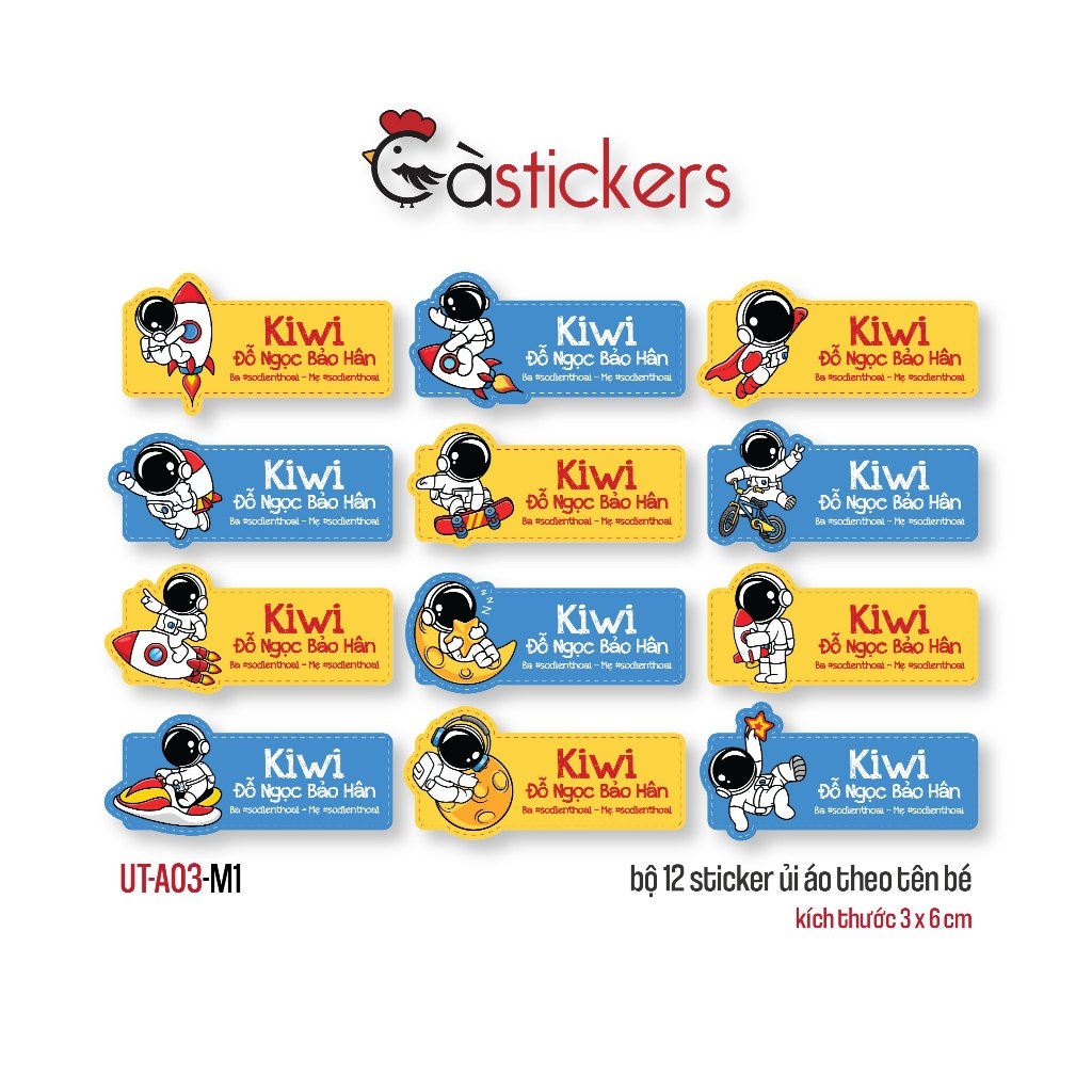 Sticker ủi áo in tên trẻ em GaStickers UT-A03 bộ 12 miếng kích thước 3 x 6 cm