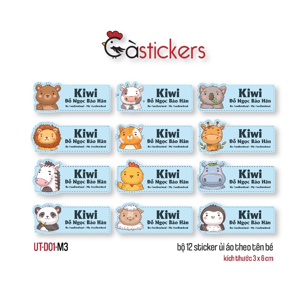 Sticker ủi áo in tên trẻ em GaStickers UT-D01- bộ 12 miếng kích thước 3 x 6 cm