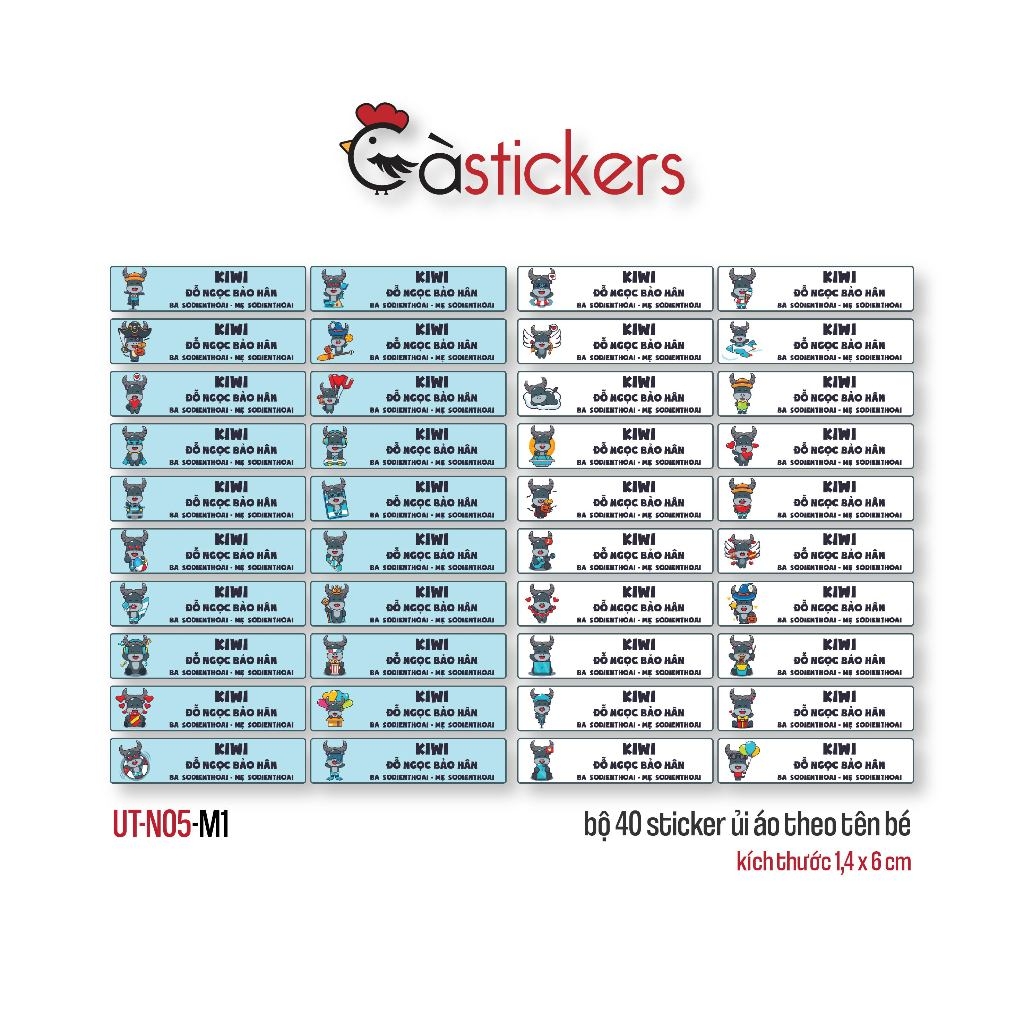 Sticker ủi áo in tên trẻ em GaStickers UT-N05- bộ 40 miếng kích thước 1,4 x 6 cm