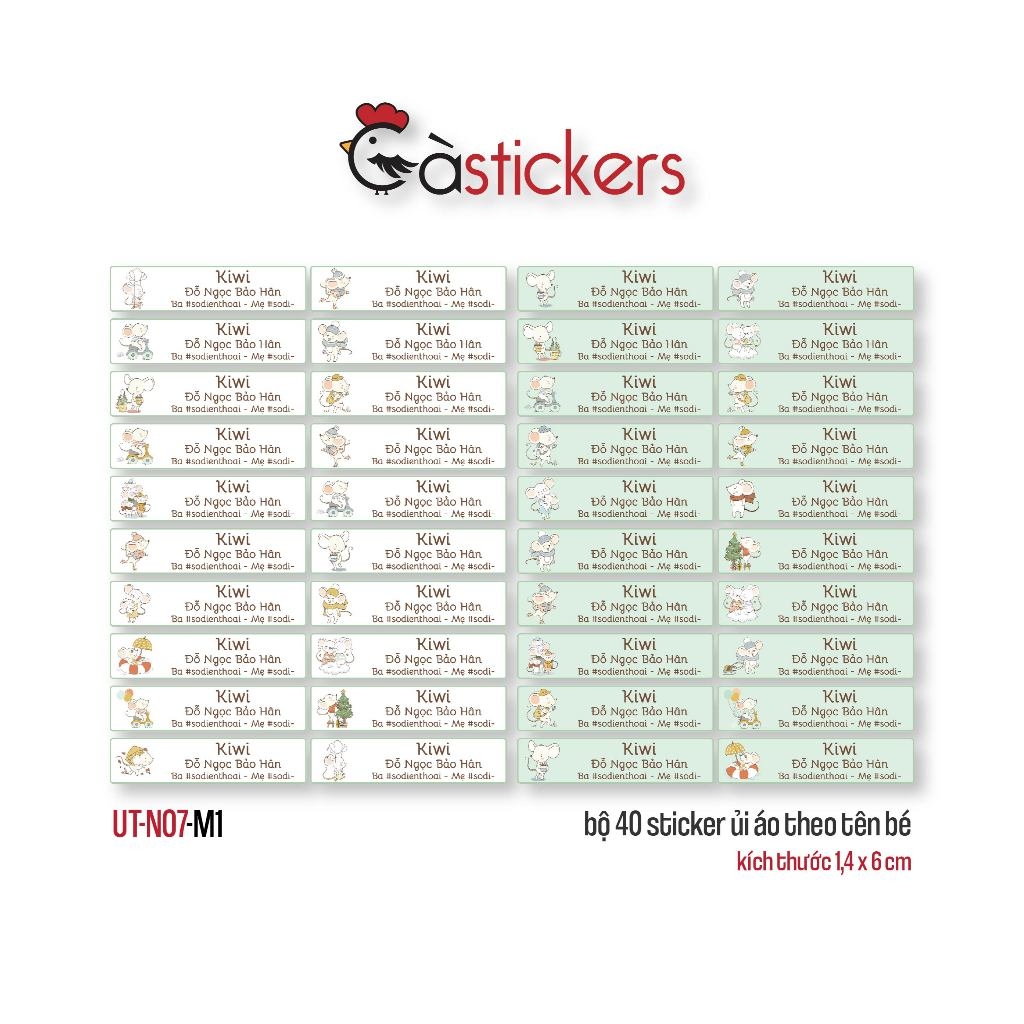 Sticker ủi áo in tên trẻ em GaStickers UT-N07- bộ 40 miếng kích thước 1,4 x 6 cm